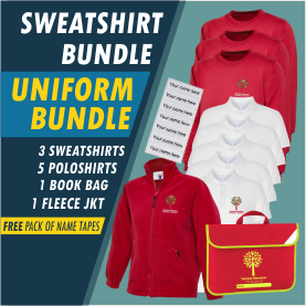 Bundle offer of 3 Sweatshirts, 5 Poloshirt, 1 Fleece Jacket a Book Bag and a Free pack of name tapes!